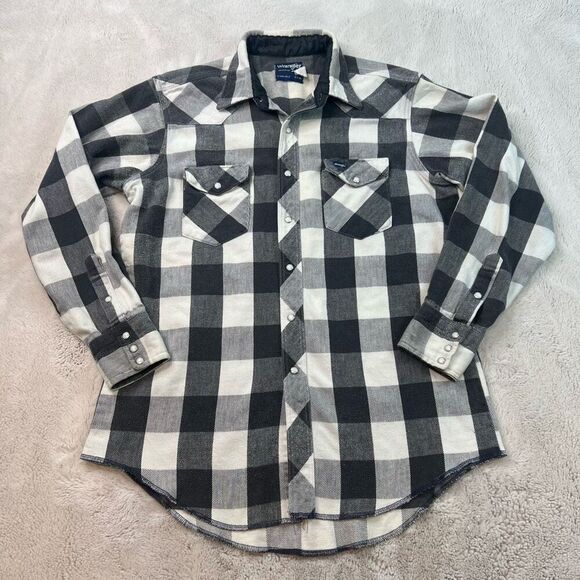 Vintage Wrangler Flannel Shirt Mens 17 / 35 Black White Pearl Snap X-Long West - Picture 2 of 11